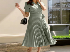 French over-knee bow strap medium and long high-waisted pleated chiffon retro dr
